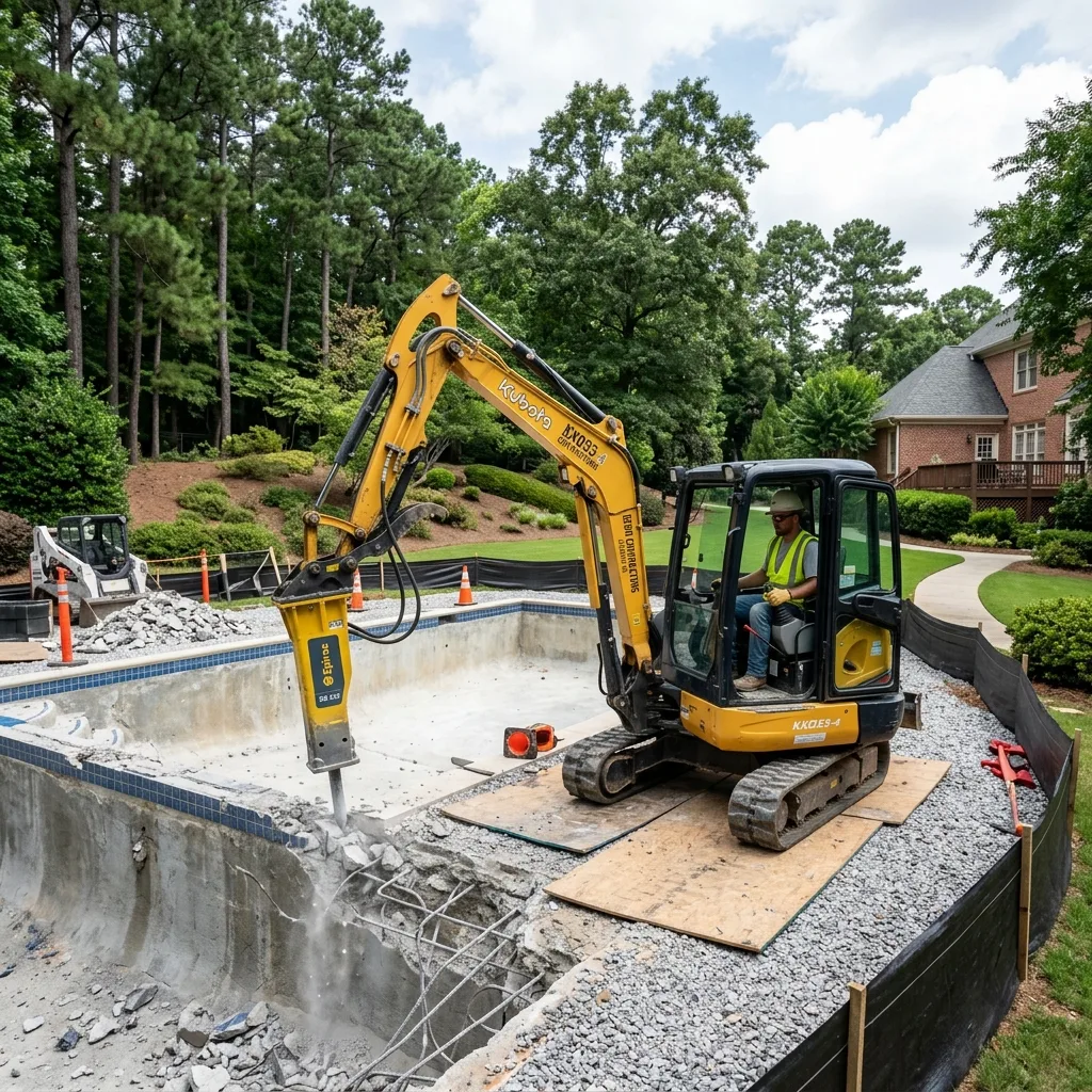 Atlanta pool demolition machinery operating on a residential job site